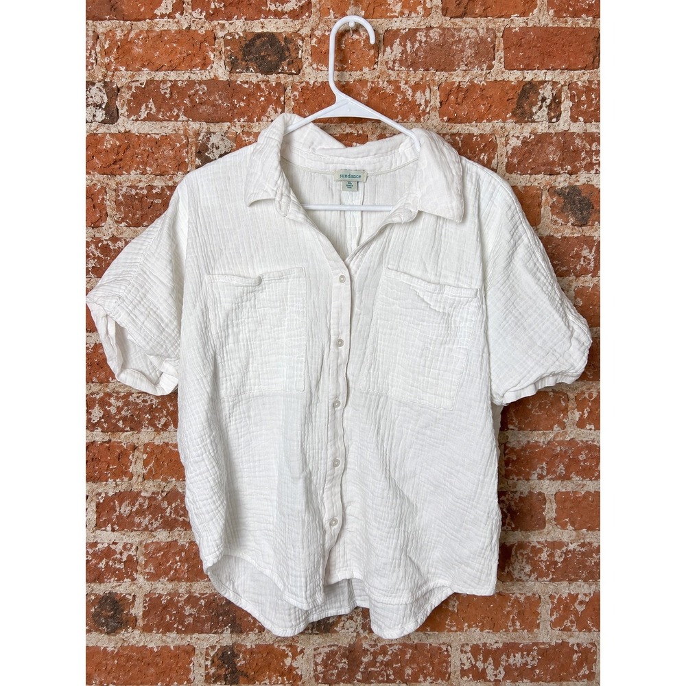 Sundance White Gauze Cotton Short Sleeve Button Down Shirt XL Costal Beachy Boho